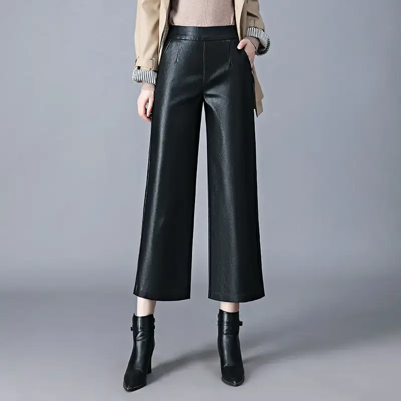 Women's Black Wide Leg Pants High Waist Slimming Leather - Image 2