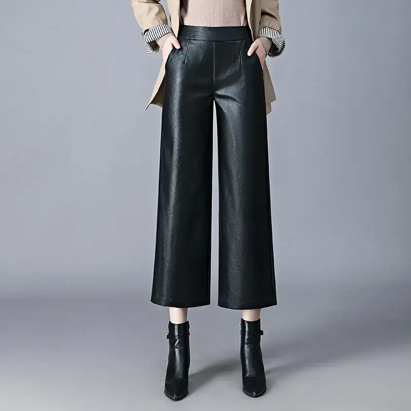 Women's Black Wide Leg Pants High Waist Slimming Leather - Image 3