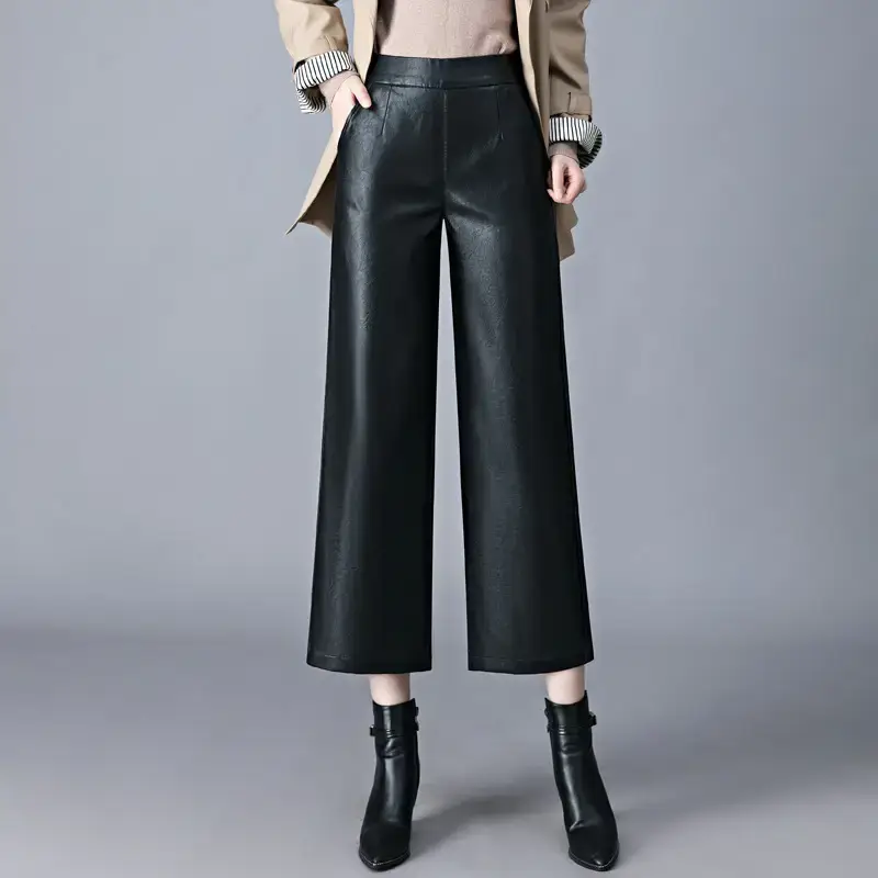 Women's Black Wide Leg Pants High Waist Slimming Leather - Image 4