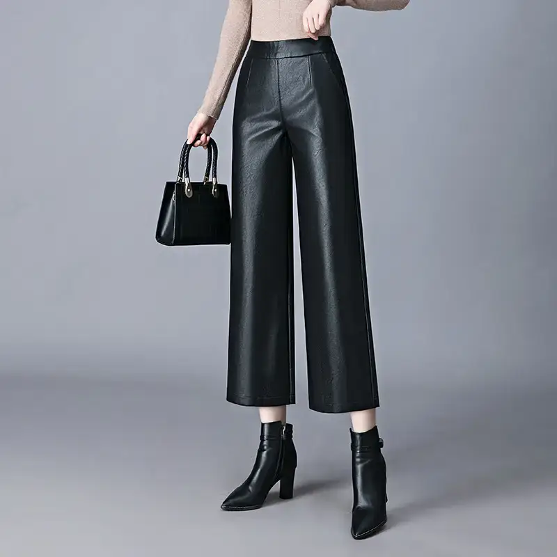 Women's Black Wide Leg Pants High Waist Slimming Leather - Image 5