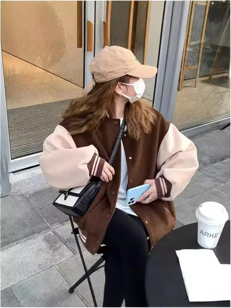 Women Fleece Lined Baseball Jacket Brown White Loose Fit - Image 7