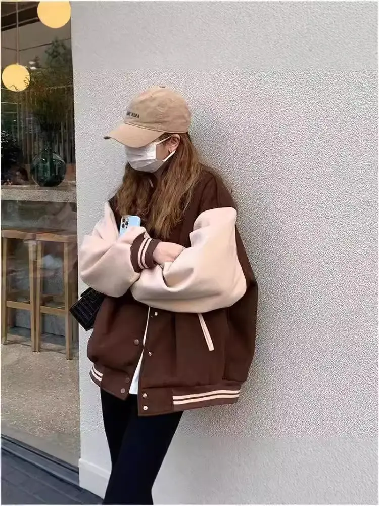 Women Fleece Lined Baseball Jacket Brown White Loose Fit - Image 5