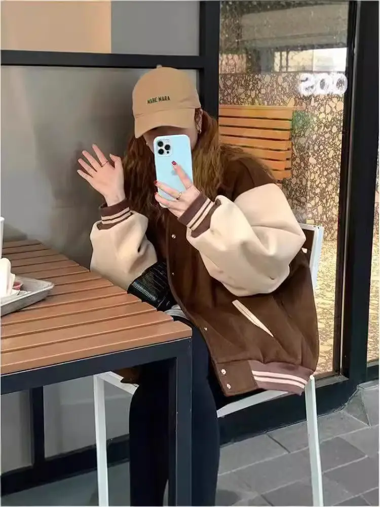 Women Fleece Lined Baseball Jacket Brown White Loose Fit - Image 6