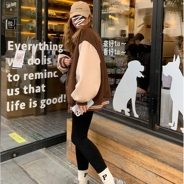 Women Fleece Lined Baseball Jacket Brown White Loose Fit — feature 10
