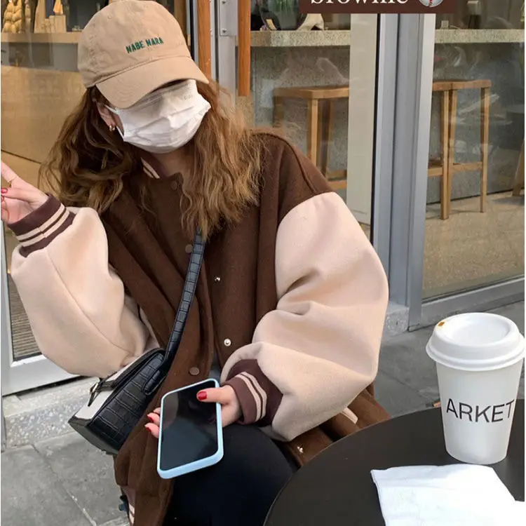 Women Fleece Lined Baseball Jacket Brown White Loose Fit — feature 11
