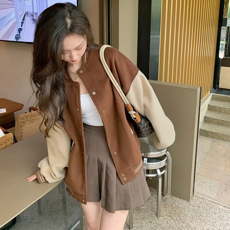 Women Fleece Lined Baseball Jacket Brown White Loose Fit — feature 12