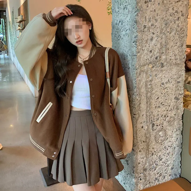 Women Fleece Lined Baseball Jacket Brown White Loose Fit — feature 13