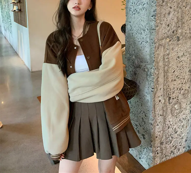 Women Fleece Lined Baseball Jacket Brown White Loose Fit — feature 14