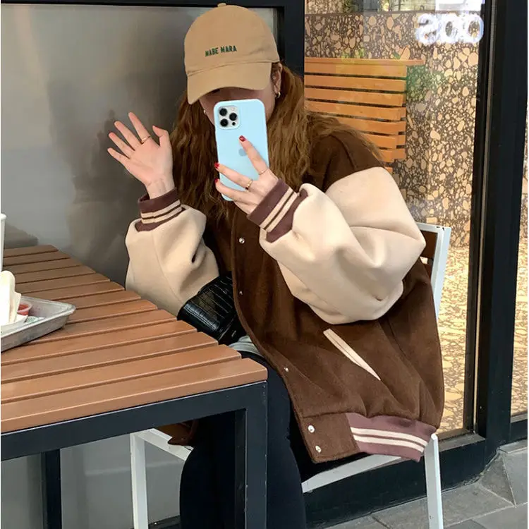 Women Fleece Lined Baseball Jacket Brown White Loose Fit — feature 2