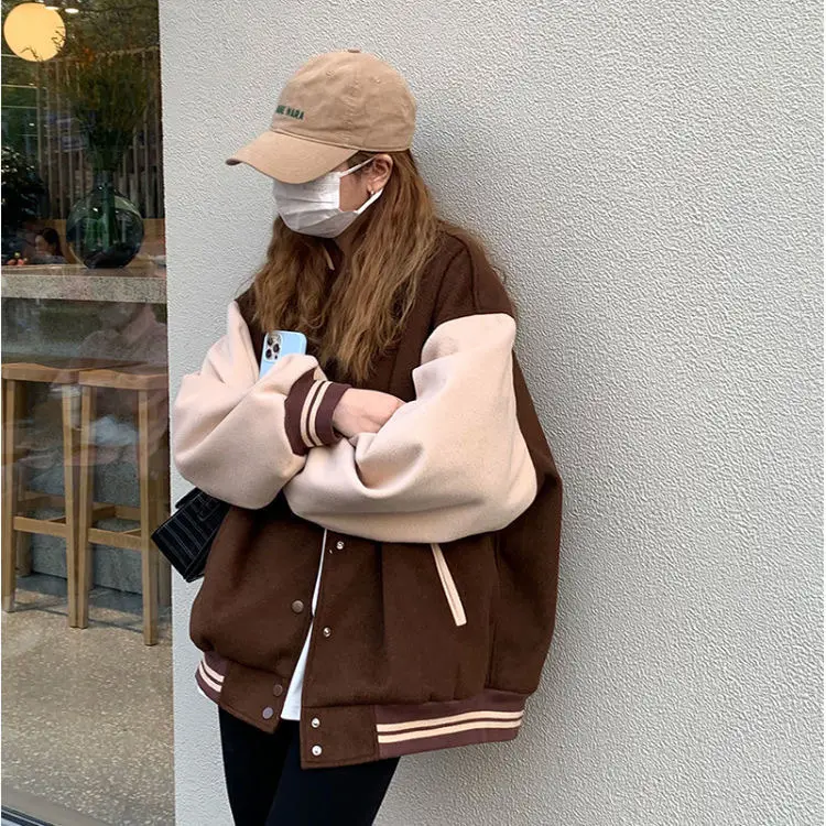 Women Fleece Lined Baseball Jacket Brown White Loose Fit — feature 3
