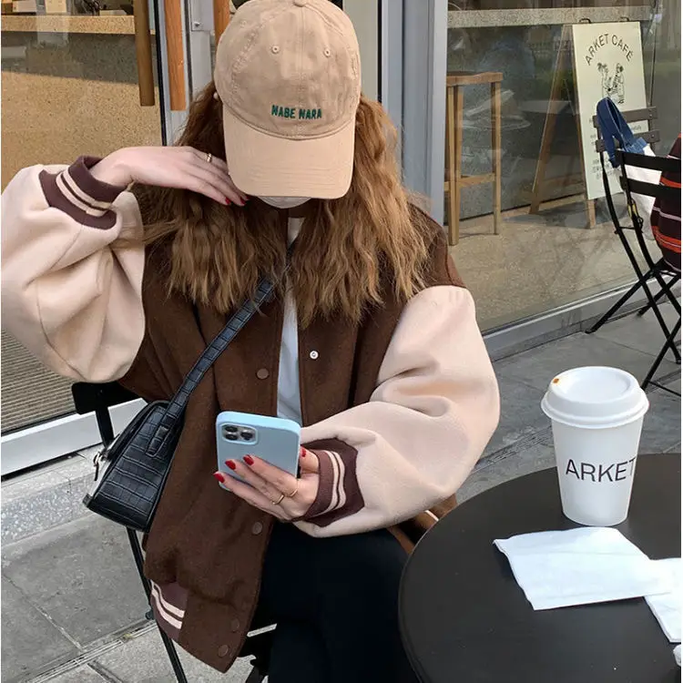 Women Fleece Lined Baseball Jacket Brown White Loose Fit — feature 4