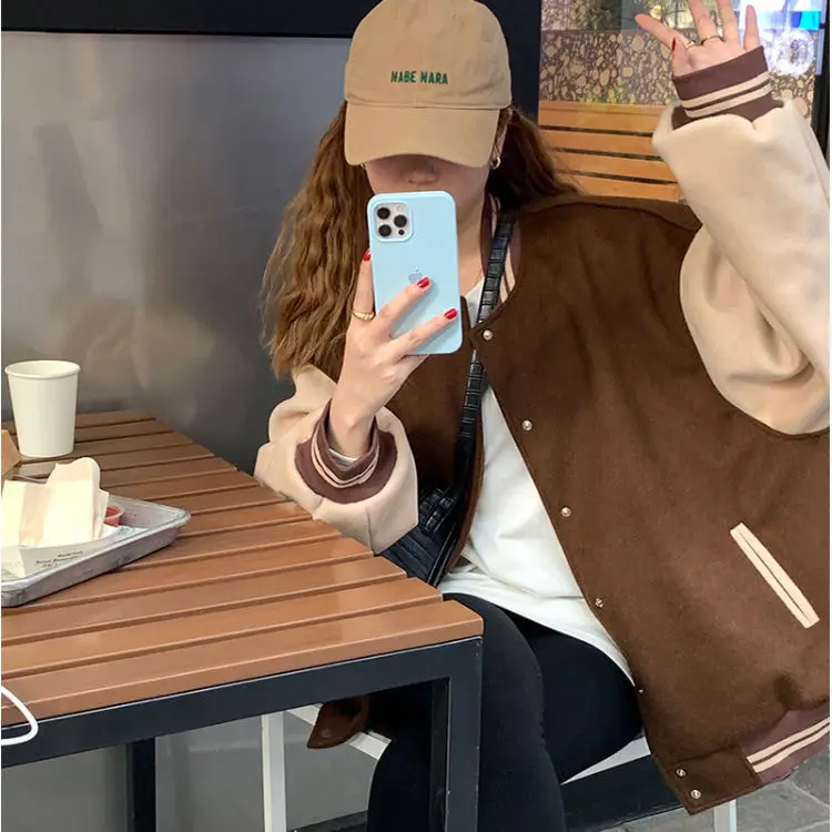 Women Fleece Lined Baseball Jacket Brown White Loose Fit — feature 6