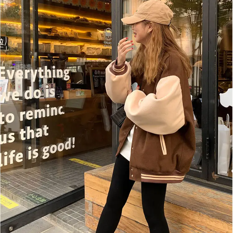 Women Fleece Lined Baseball Jacket Brown White Loose Fit — feature 7