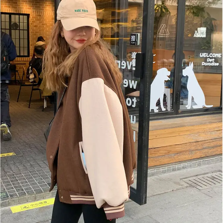 Women Fleece Lined Baseball Jacket Brown White Loose Fit — feature 8