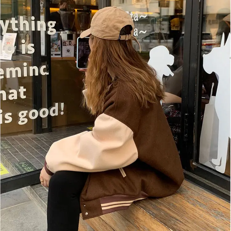Women Fleece Lined Baseball Jacket Brown White Loose Fit — feature 9