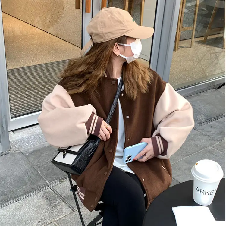 Women Fleece Lined Baseball Jacket Brown White Loose Fit — feature 5