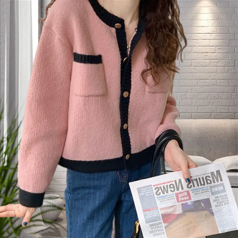 Women Knitted Cardigan Sweater Coat Brown Beige Loose Fit - Image 2