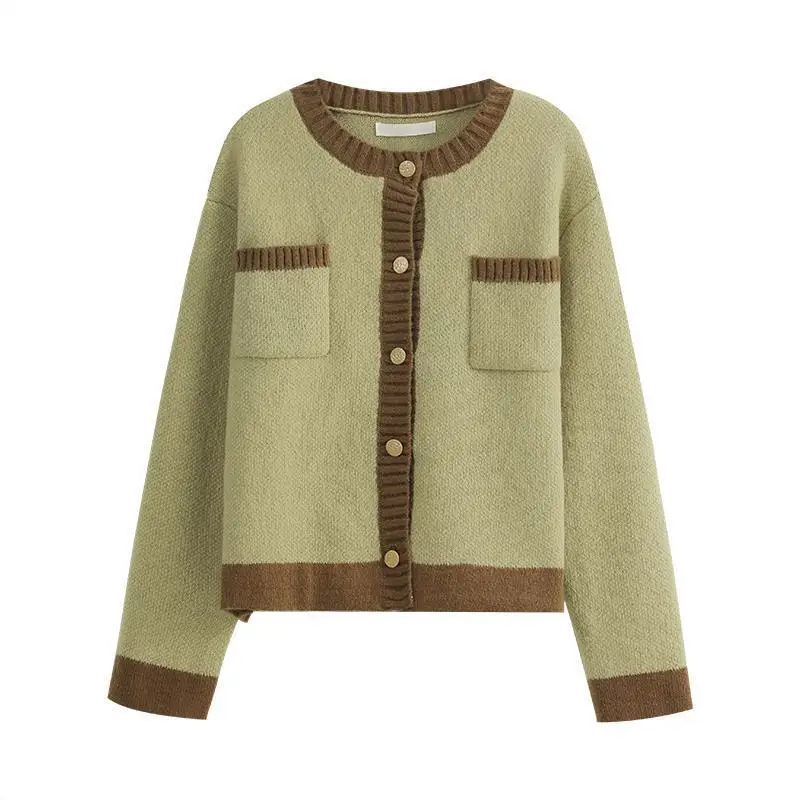 Women Knitted Cardigan Sweater Coat Brown Beige Loose Fit - Image 5