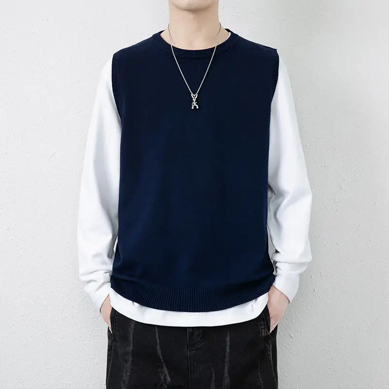 Men's Knitted Round Neck Vest Beige Fat Waistcoat - Image 5