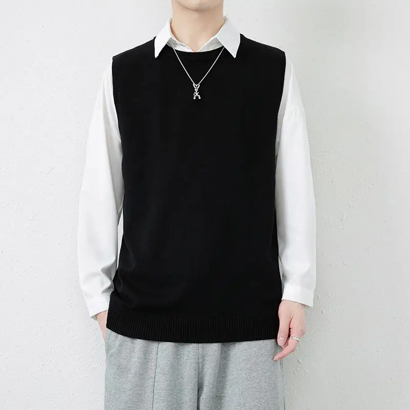 Men's Knitted Round Neck Vest Beige Fat Waistcoat - Image 6