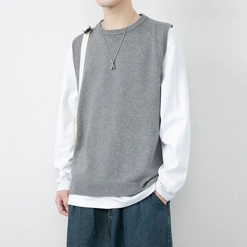Men's Knitted Round Neck Vest Beige Fat Waistcoat - Image 7