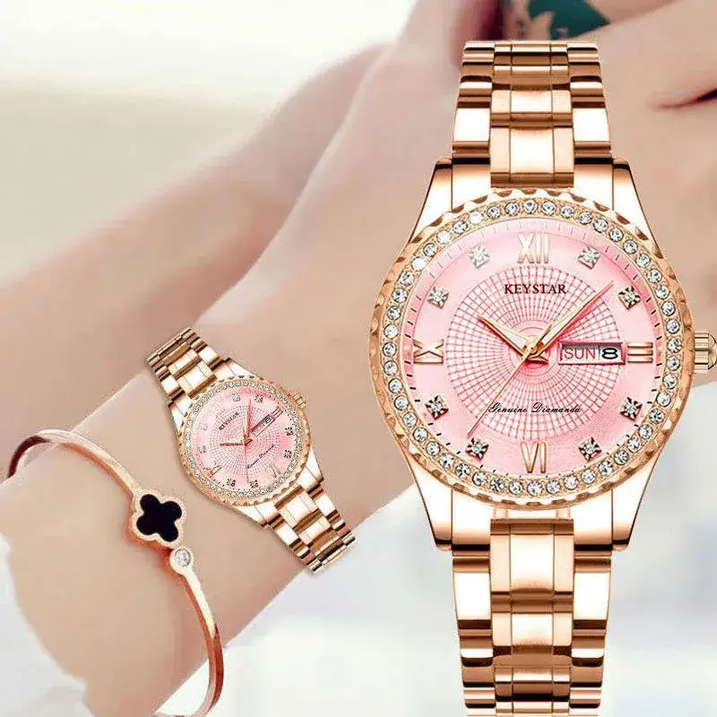 Korean Women's Pink Diamond Watch Set - Image 4