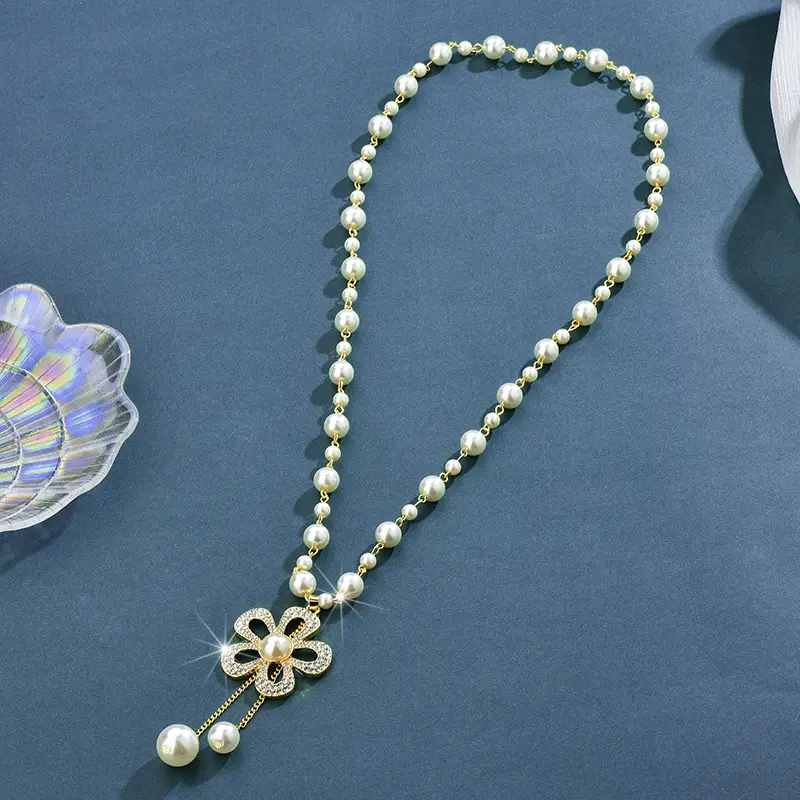Gold Pearl Flower Necklace for Women - Image 4