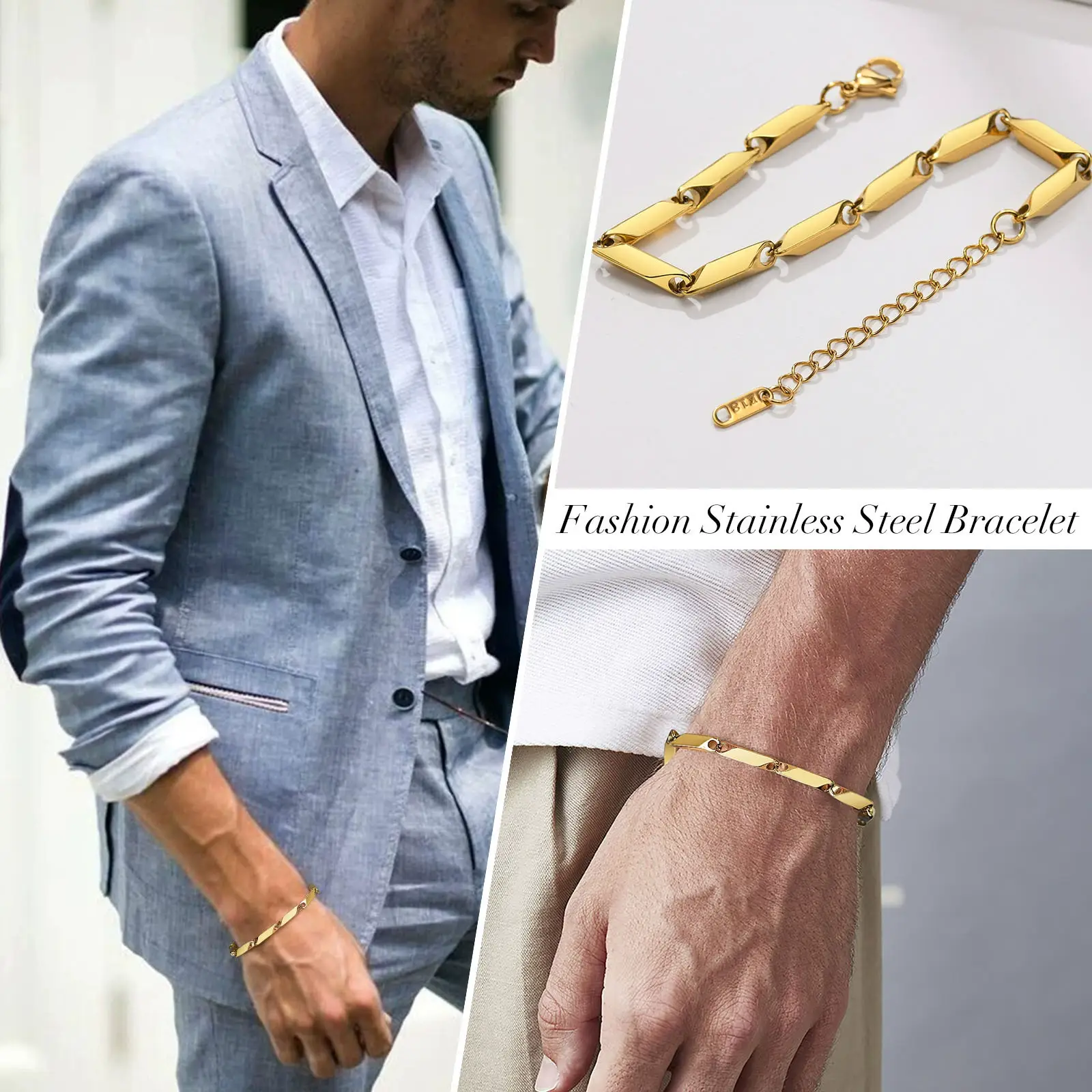 Gold Beveled Rhombus Chain Bracelet for Men Women — feature 4