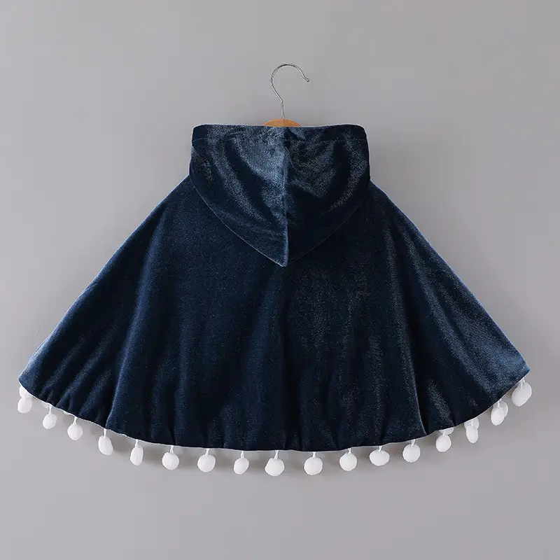 Girls' Blue Velvet Cape Dress with Pom Pom Trim