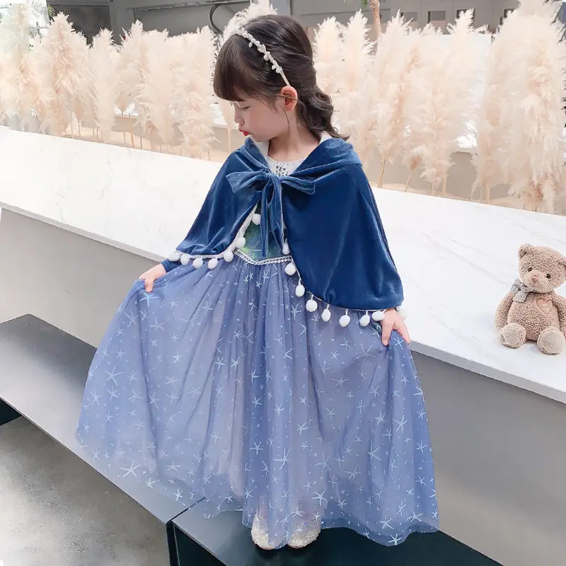 Girls' Blue Velvet Cape Dress with Pom Pom Trim