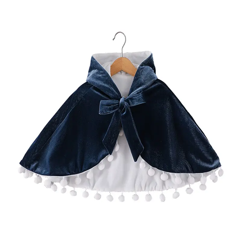 Girls' Blue Velvet Cape Dress with Pom Pom Trim
