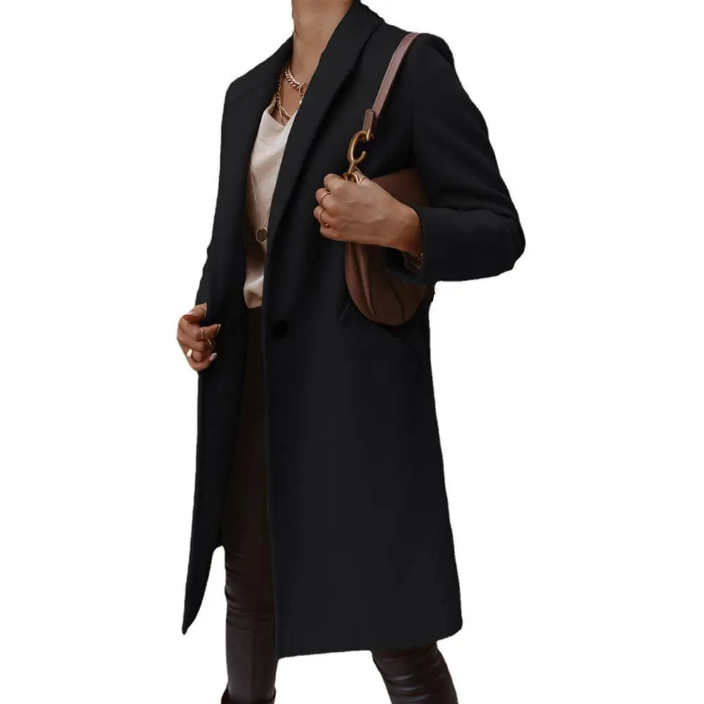 Women Wool Lapel Jacket Buttoned Winter Autumn Outfit