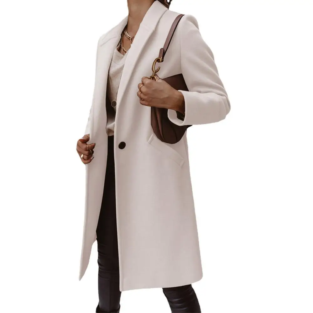 Women Wool Lapel Jacket Buttoned Winter Autumn Outfit
