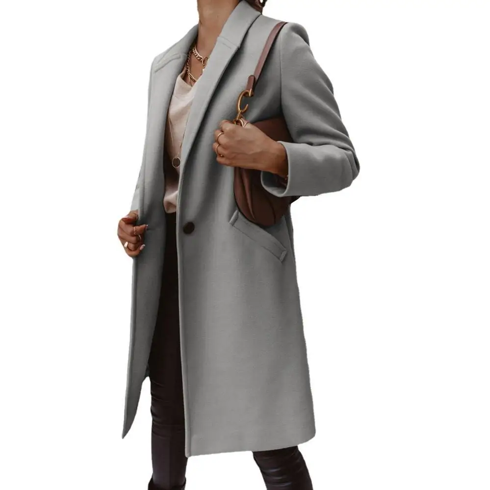 Women Wool Lapel Jacket Buttoned Winter Autumn Outfit