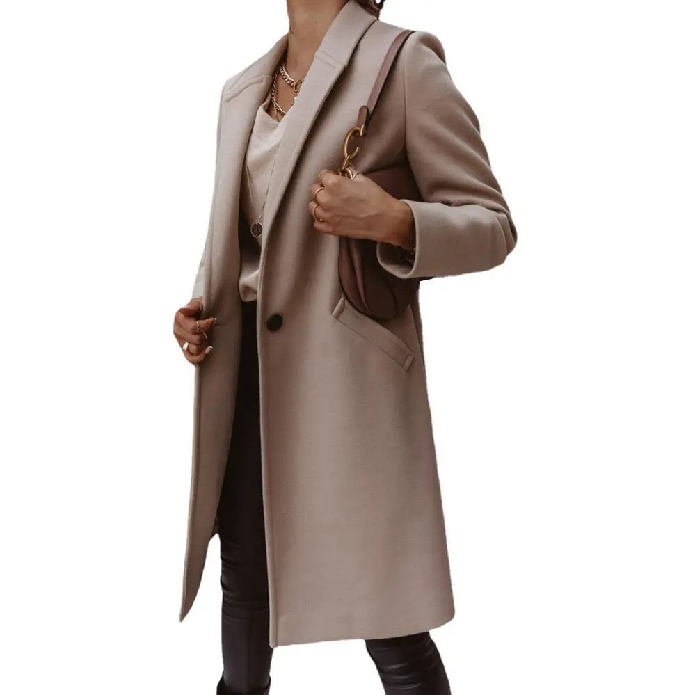 Women Wool Lapel Jacket Buttoned Winter Autumn Outfit