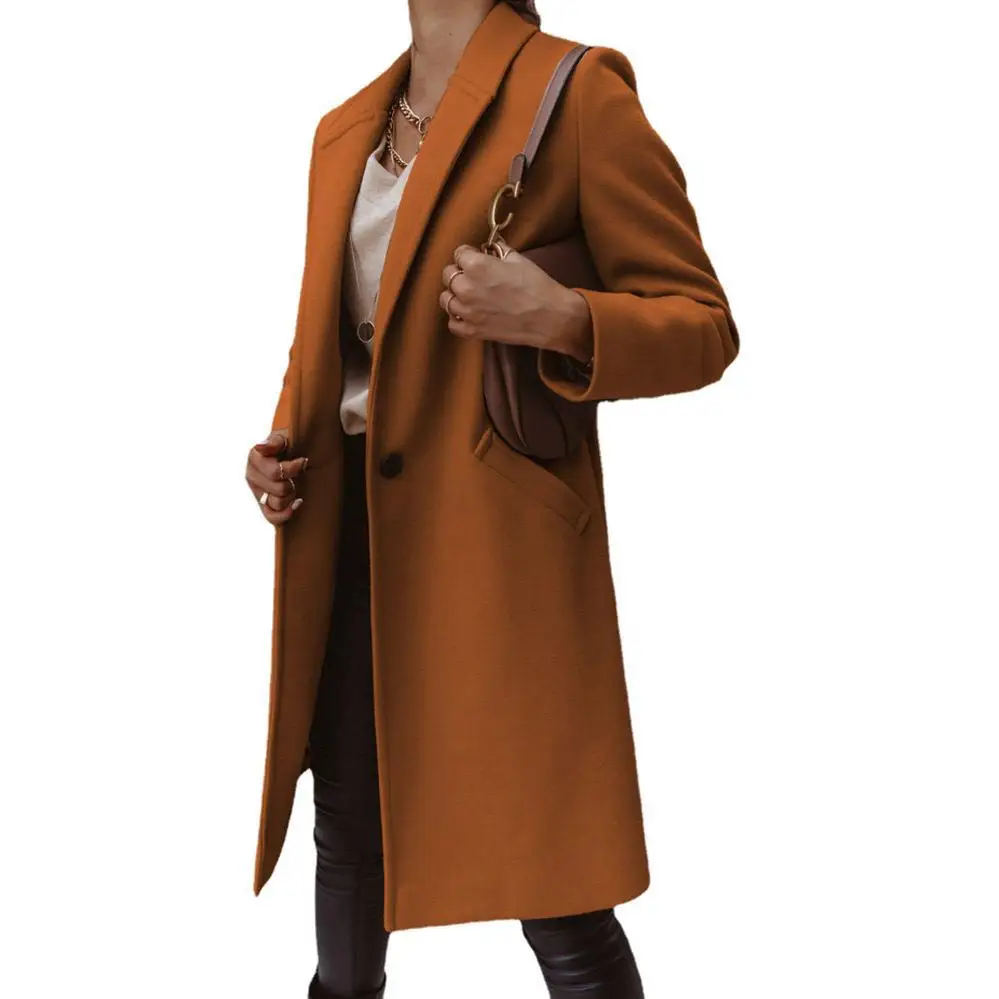 Women Wool Lapel Jacket Buttoned Winter Autumn Outfit