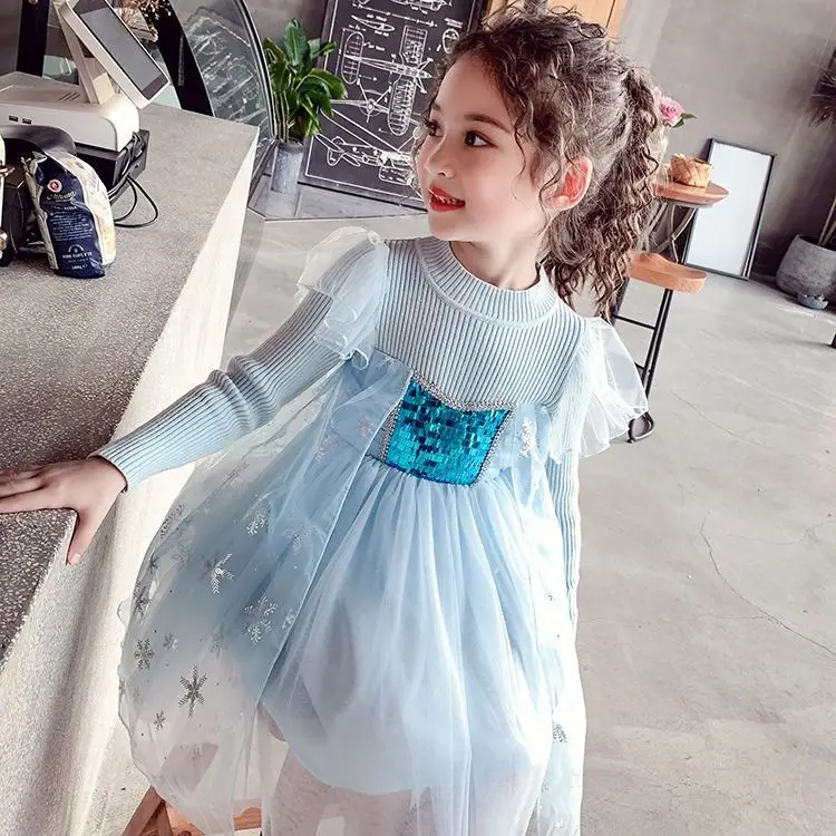 Frozen Aisha Princess Dress for Girls Light Blue Knitted - Image 2