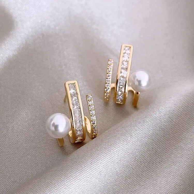 S925 Silver Needle Micro Zircon Pearl C-Shape Earrings - Image 3