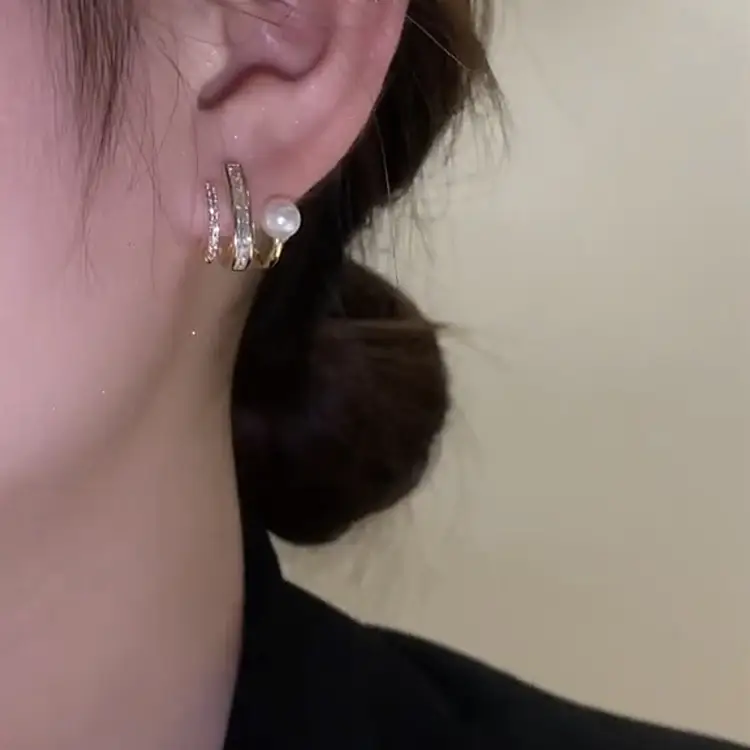 S925 Silver Needle Micro Zircon Pearl C-Shape Earrings - Image 4
