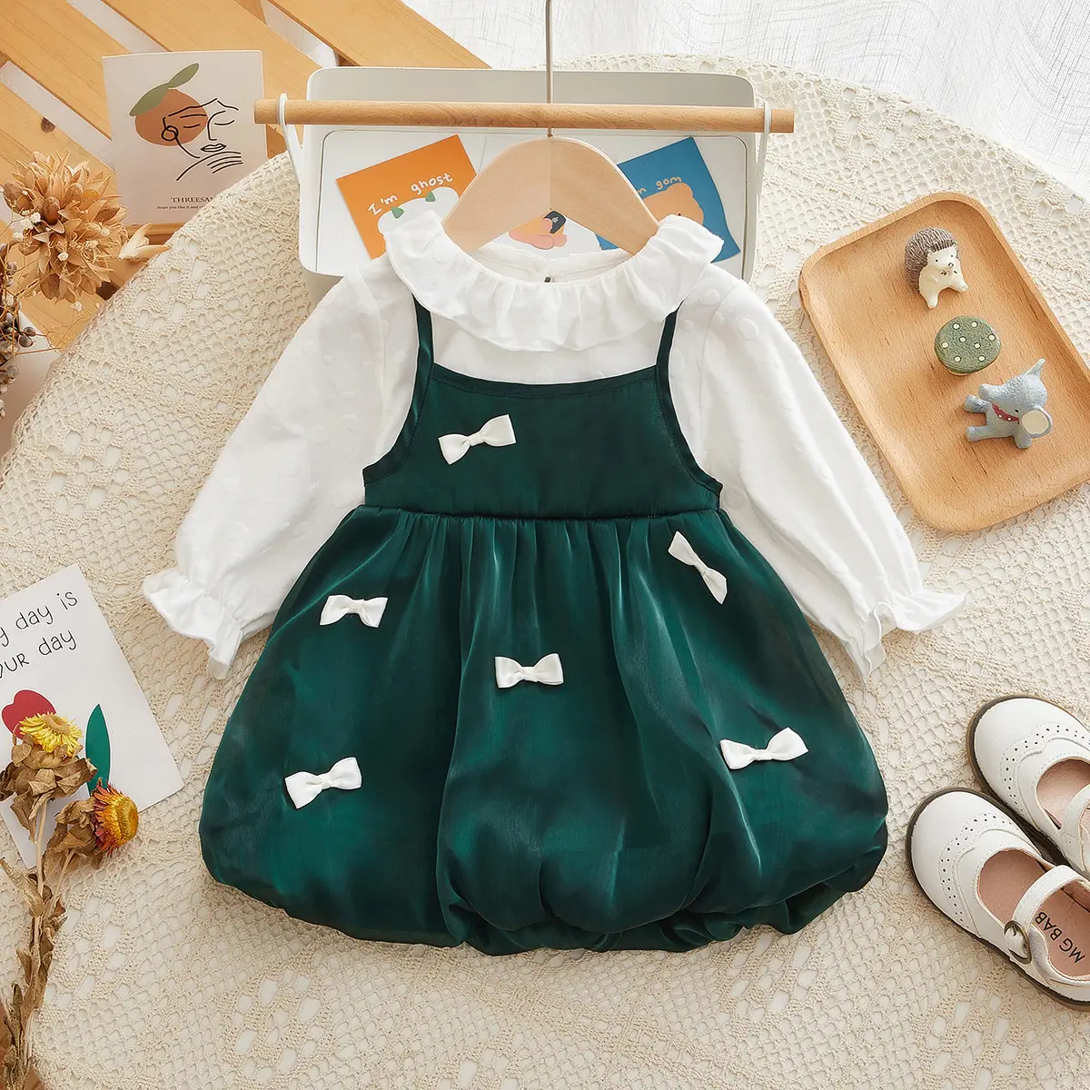 Girls Dress Red Bow 1-3Yrs Lapel Princess Style - Image 4