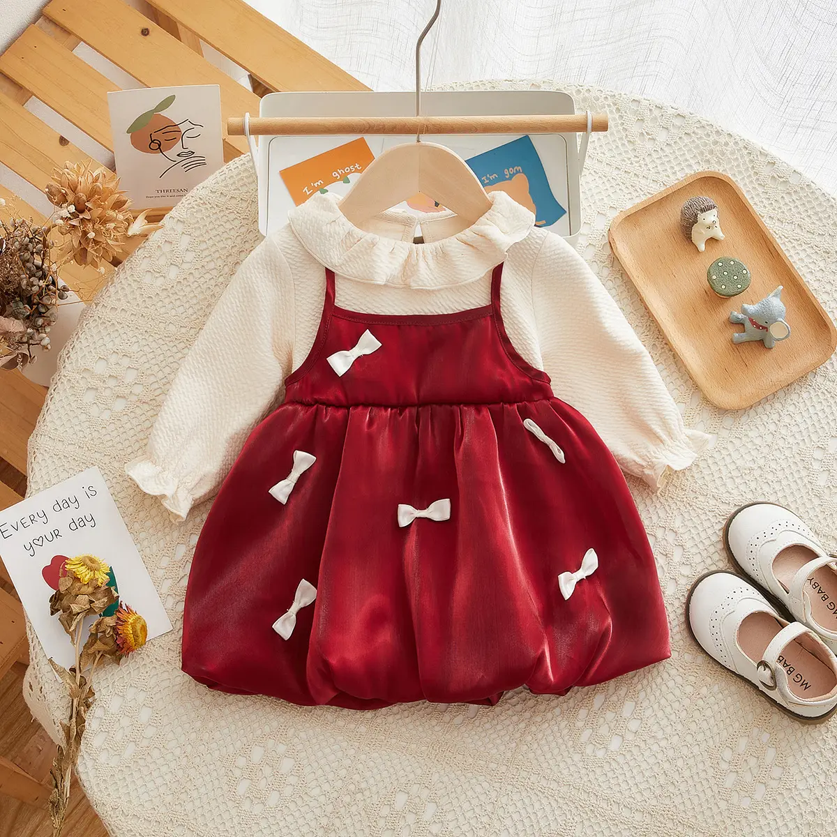 Girls Dress Red Bow 1-3Yrs Lapel Princess Style - Image 5