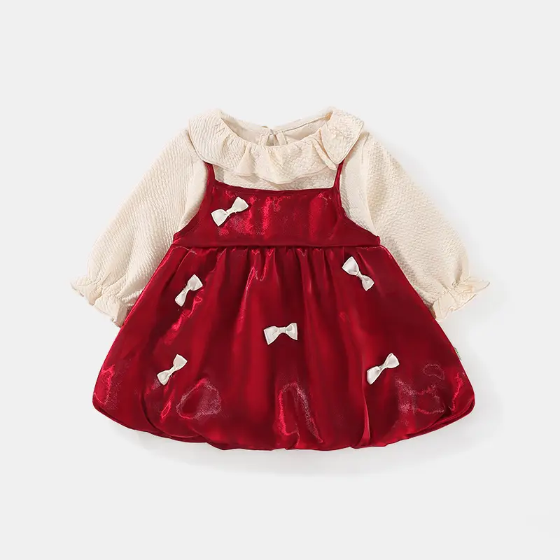 Girls Dress Red Bow 1-3Yrs Lapel Princess Style - Image 6