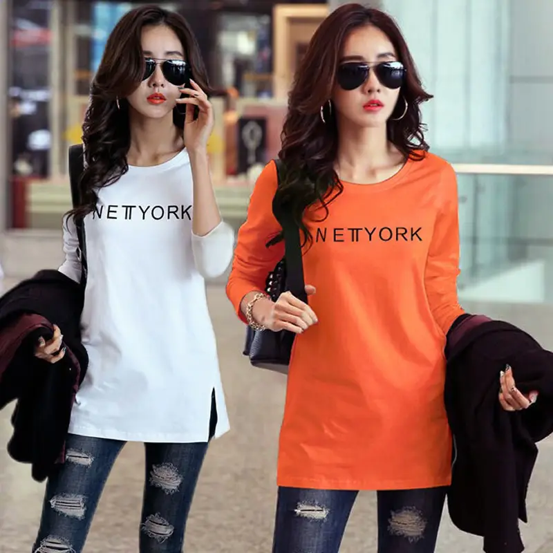 Women Long Sleeve Printed T-Shirt Orange Cotton Spring Autumn - Image 11