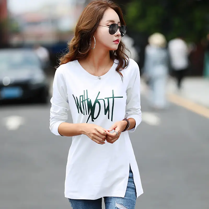 Women Long Sleeve Printed T-Shirt Orange Cotton Spring Autumn - Image 6