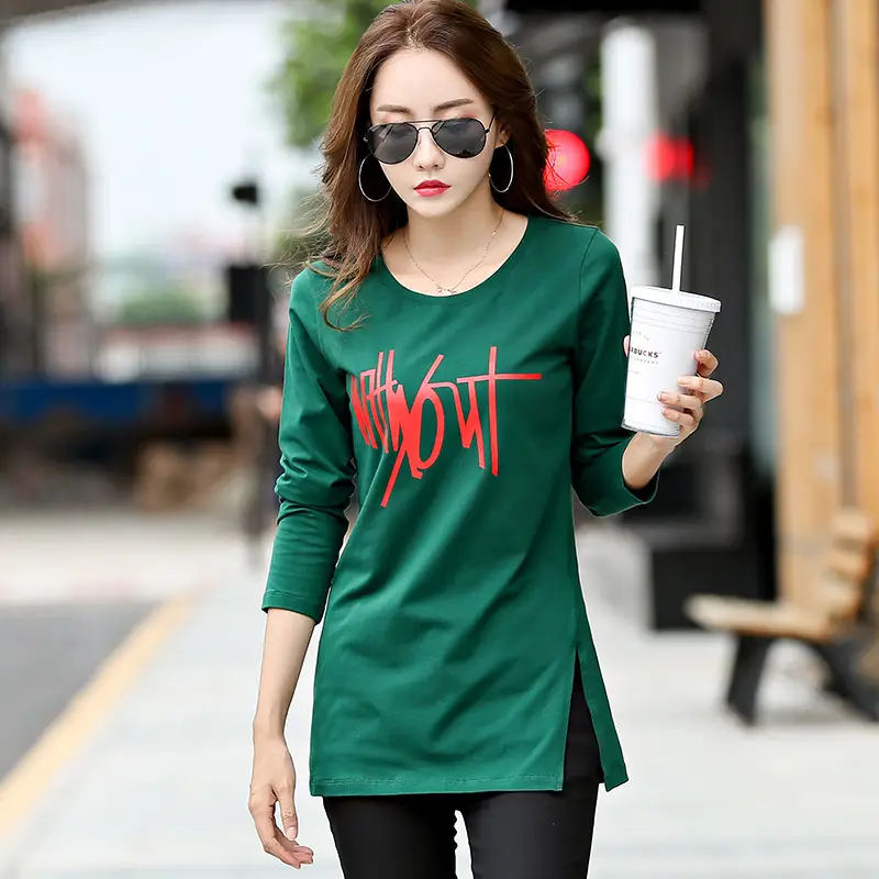 Women Long Sleeve Printed T-Shirt Orange Cotton Spring Autumn - Image 8