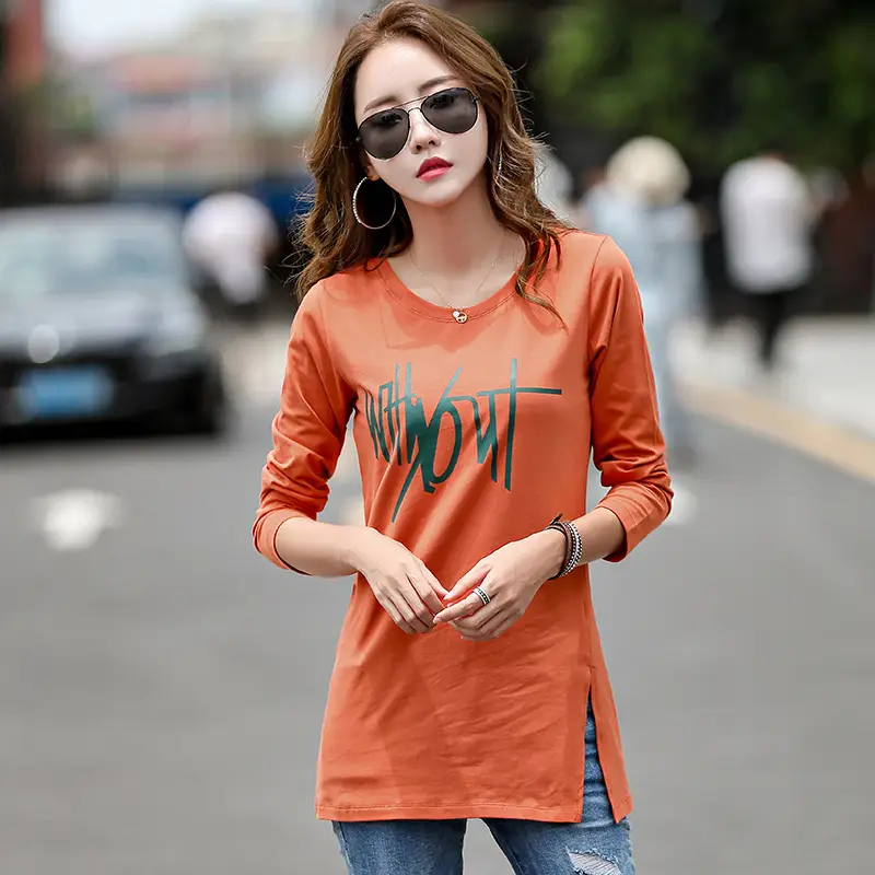 Women Long Sleeve Printed T-Shirt Orange Cotton Spring Autumn - Image 9
