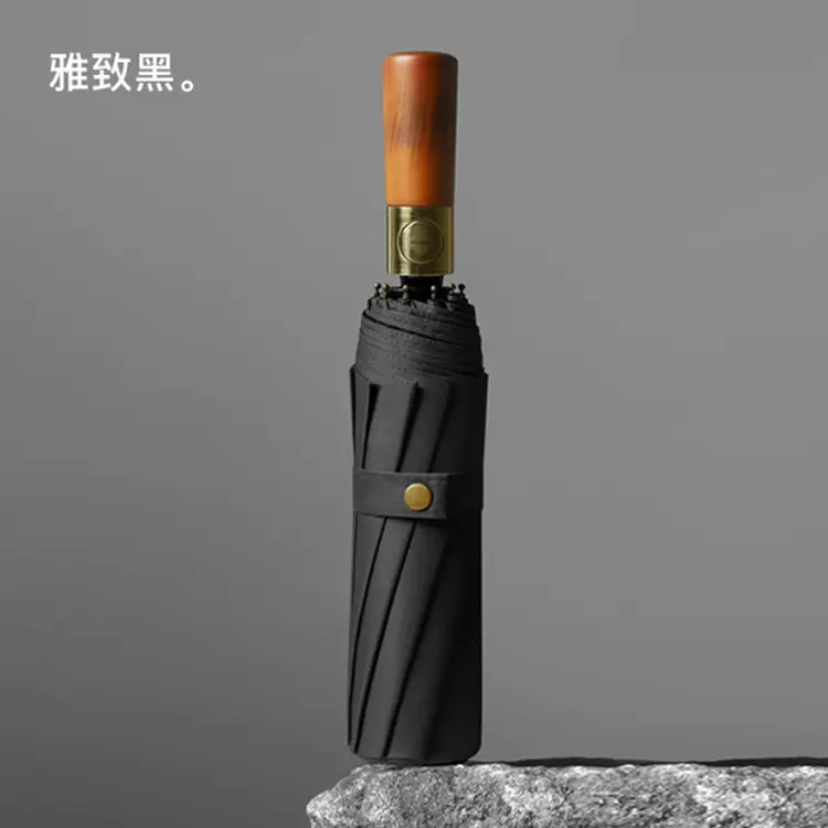 16-Bone Wooden Handle Umbrella Green Dual Use - Image 7