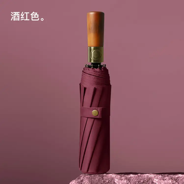 16-Bone Wooden Handle Umbrella Green Dual Use - Image 8