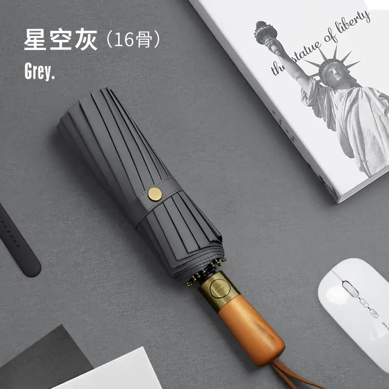 16-Bone Wooden Handle Umbrella Green Dual Use - Image 2