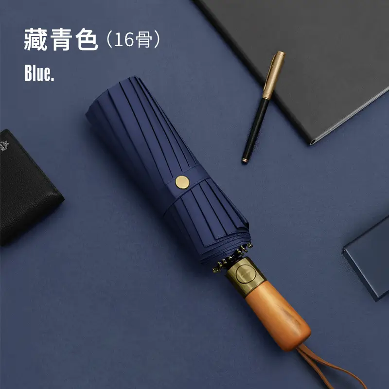 16-Bone Wooden Handle Umbrella Green Dual Use - Image 3